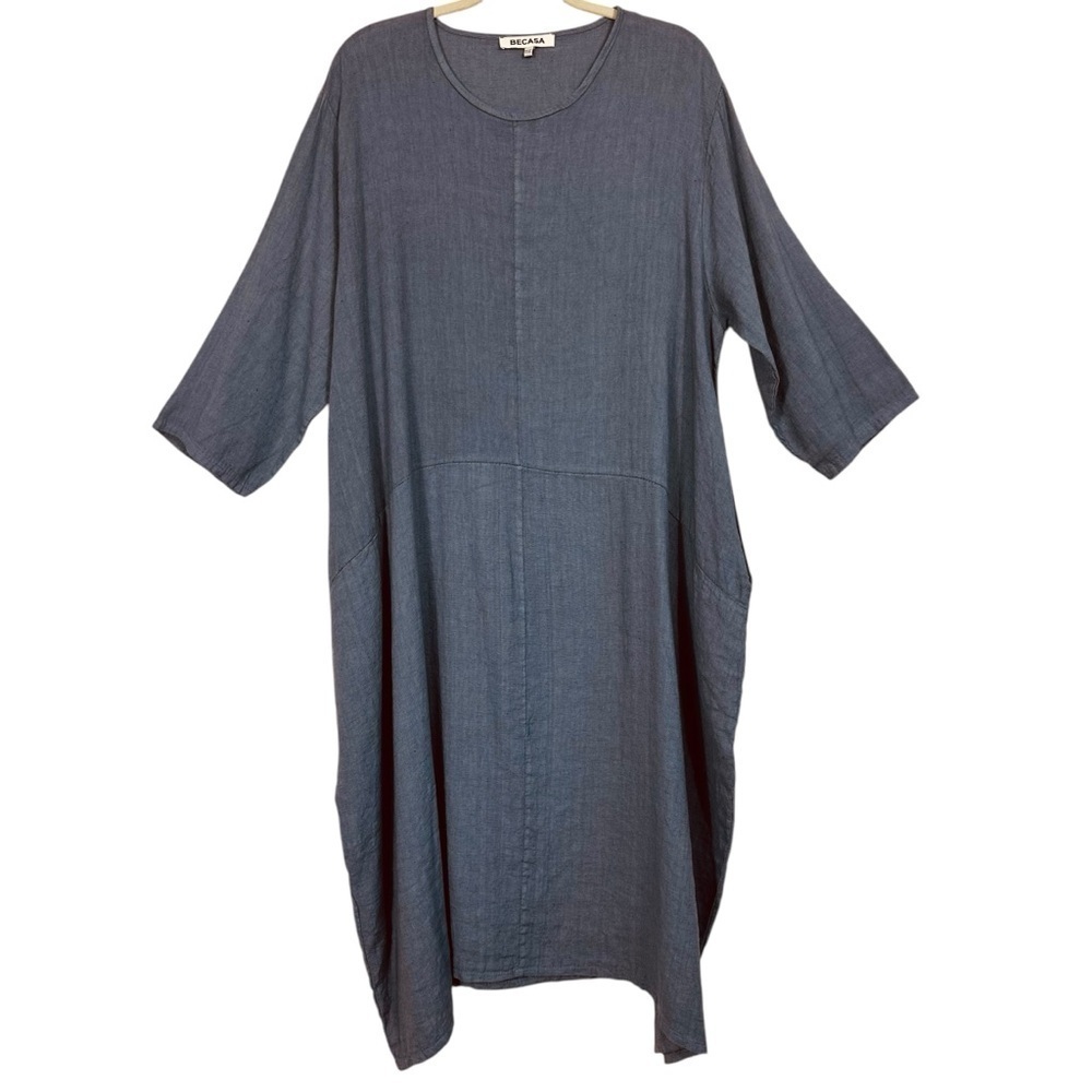 Becasa Linen Midi Dress Slate Blue Os Oversized Minimalist Pockets — image 2 of 8